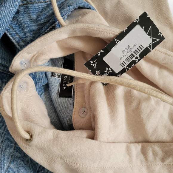 Blue Blush Detachable Hoodie Crop Contrast Cream Sleeves Denim Jacket Sz Small - Picture 9 of 10